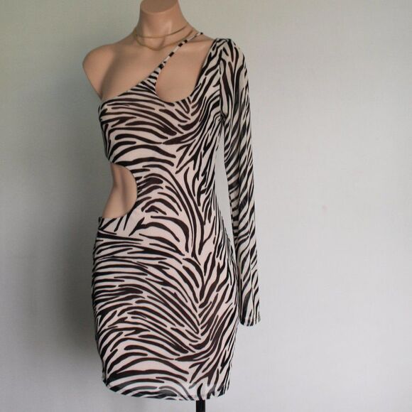 🆕️The Maddie// Ivory Zebra Asymmetrical Mesh Dress w/ cut out detail - Picture 3 of 9